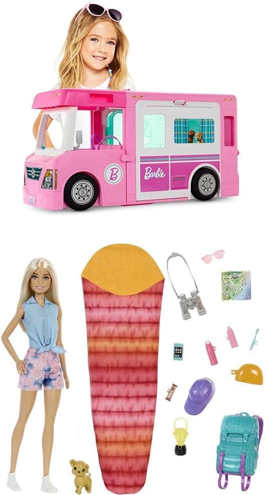 Barbie 3-in-1 DreamCamper + Barbie “It Takes Two” Malibu Camping Playset Bundle | Outdoor Adventure Gift Set | Ages 3+