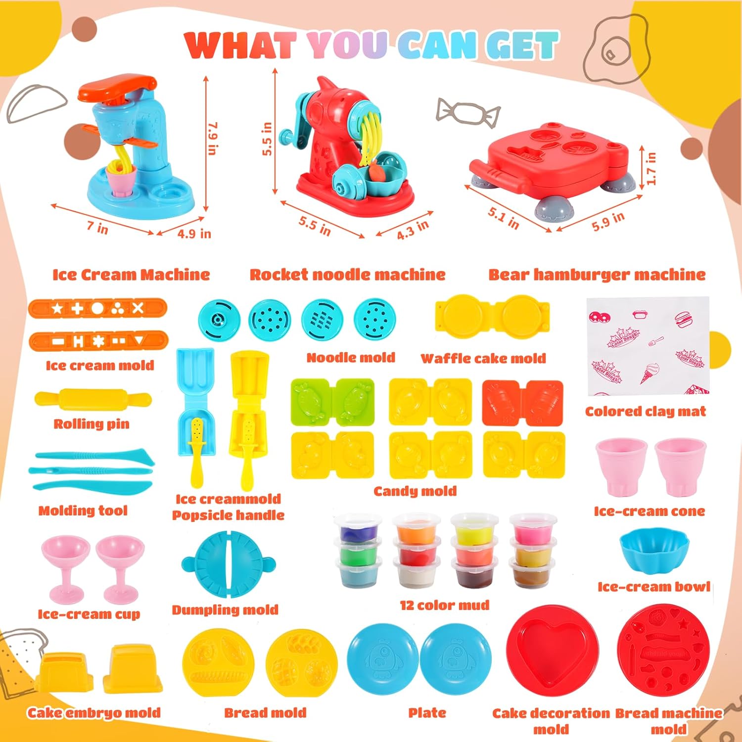 3-in-1 Color Playdough Set for Kids | Ice Cream, Hamburger & Noodle Maker Toy | 12-Color Dough Arts & Crafts Kit for Ages 3–12