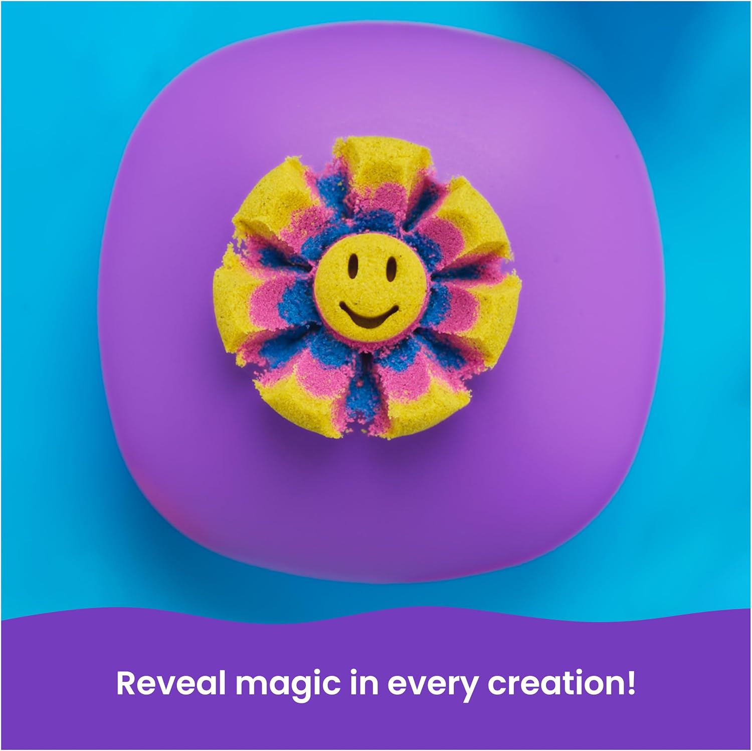 Kinetic Sand, SquishMotion with 454g Pink, Yellow & Blue Play Sand, Stamper & 5 Tools, Storage Case