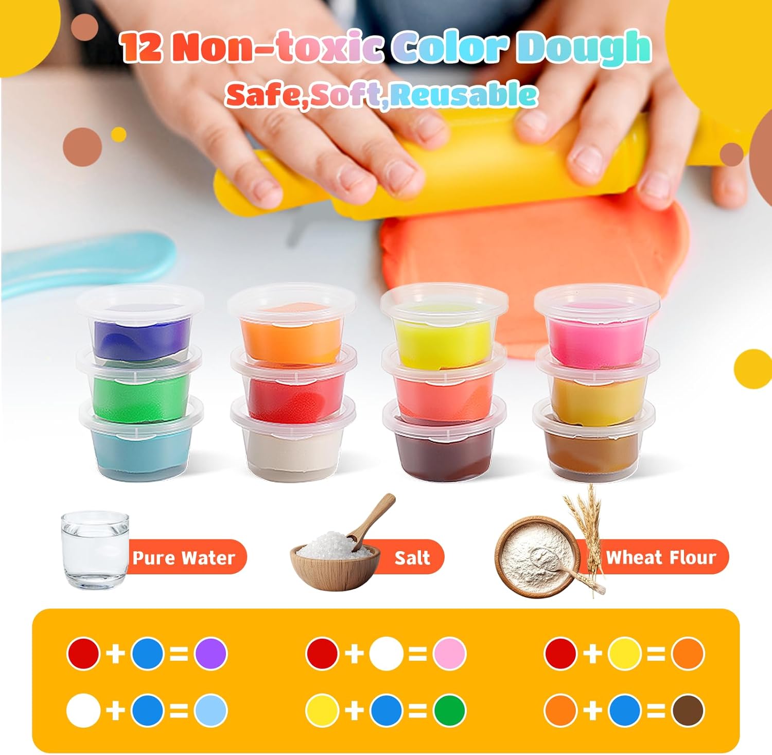 3-in-1 Color Playdough Set for Kids | Ice Cream, Hamburger & Noodle Maker Toy | 12-Color Dough Arts & Crafts Kit for Ages 3–12