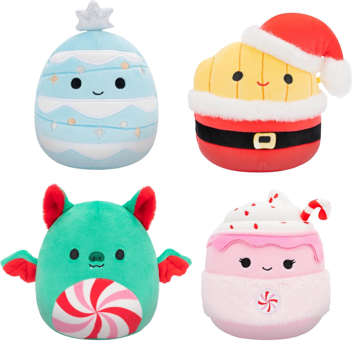Squishmallows Christmas 4-Pack – Ethel Hot Chocolate, Floyd French Fries, Keiko Blue Christmas Tree, Ricardo Peppermint Bat