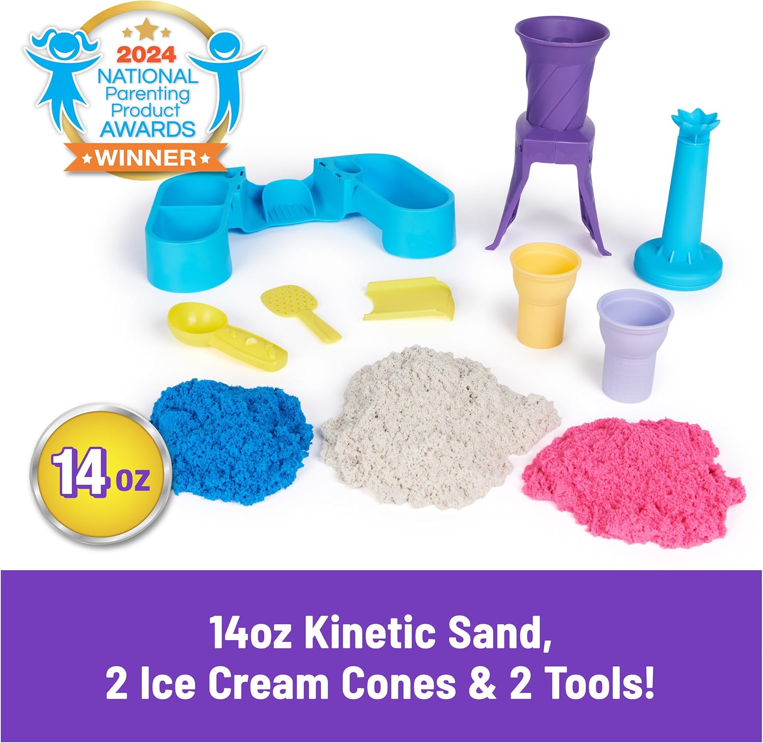 Kinetic Sand, Soft Serve Station with 396 g Play Sand (Blue, Pink & White), 2 Ice Cream Cones & 2 Tools