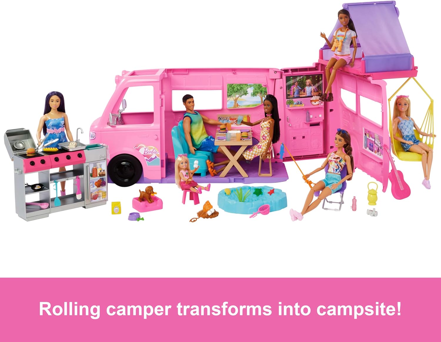 Barbie Dream Camper (2025 Edition) | Roof Tent, Swing Chair, Fishing Pond & 60+ Accessories | Ages 3+