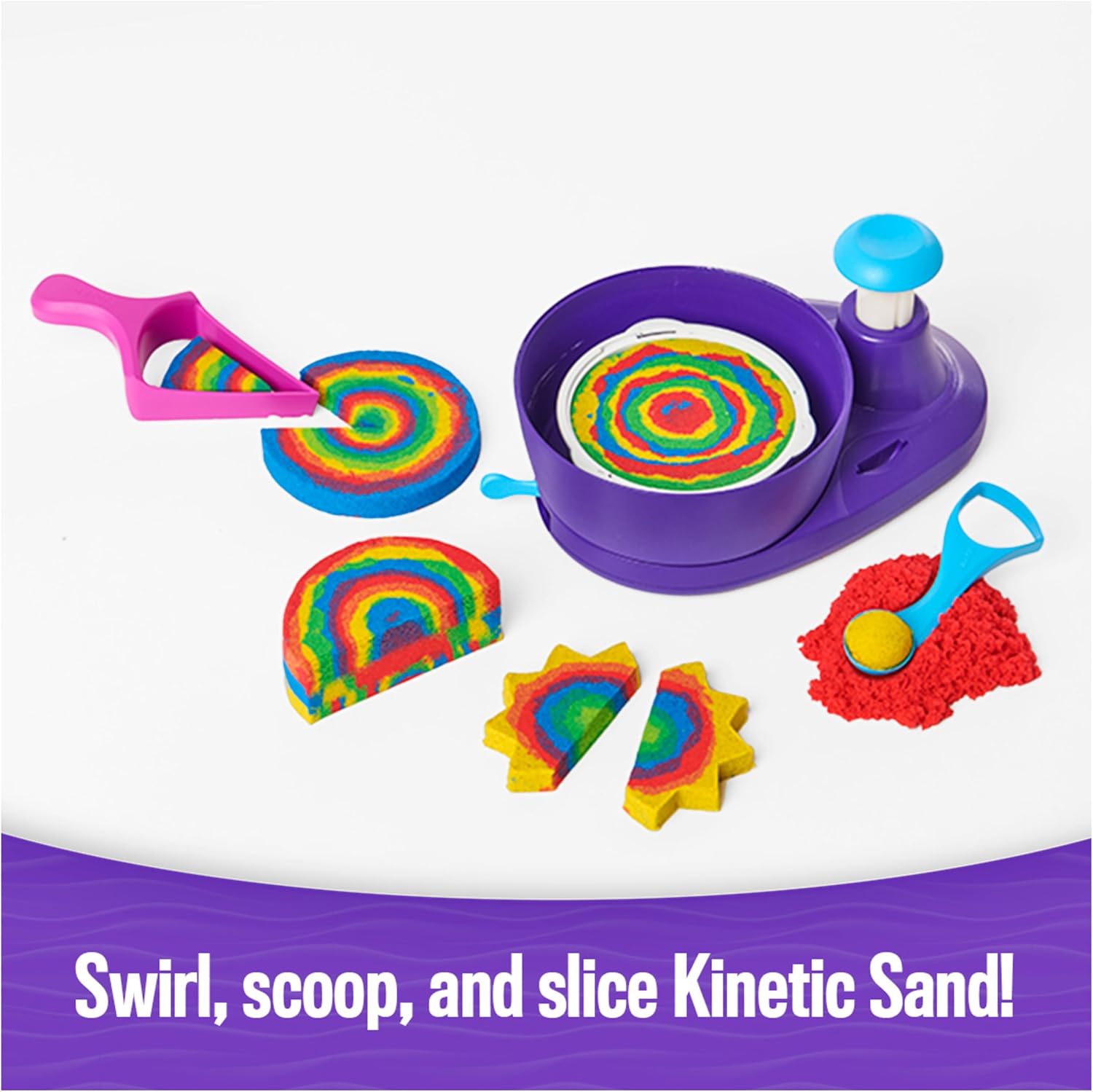 Kinetic Sand, coffret de jeu Swirl N' Surprise avec 907 g de sable de jeu, comprenant rouge, bleu, vert, jaune et 4 outils