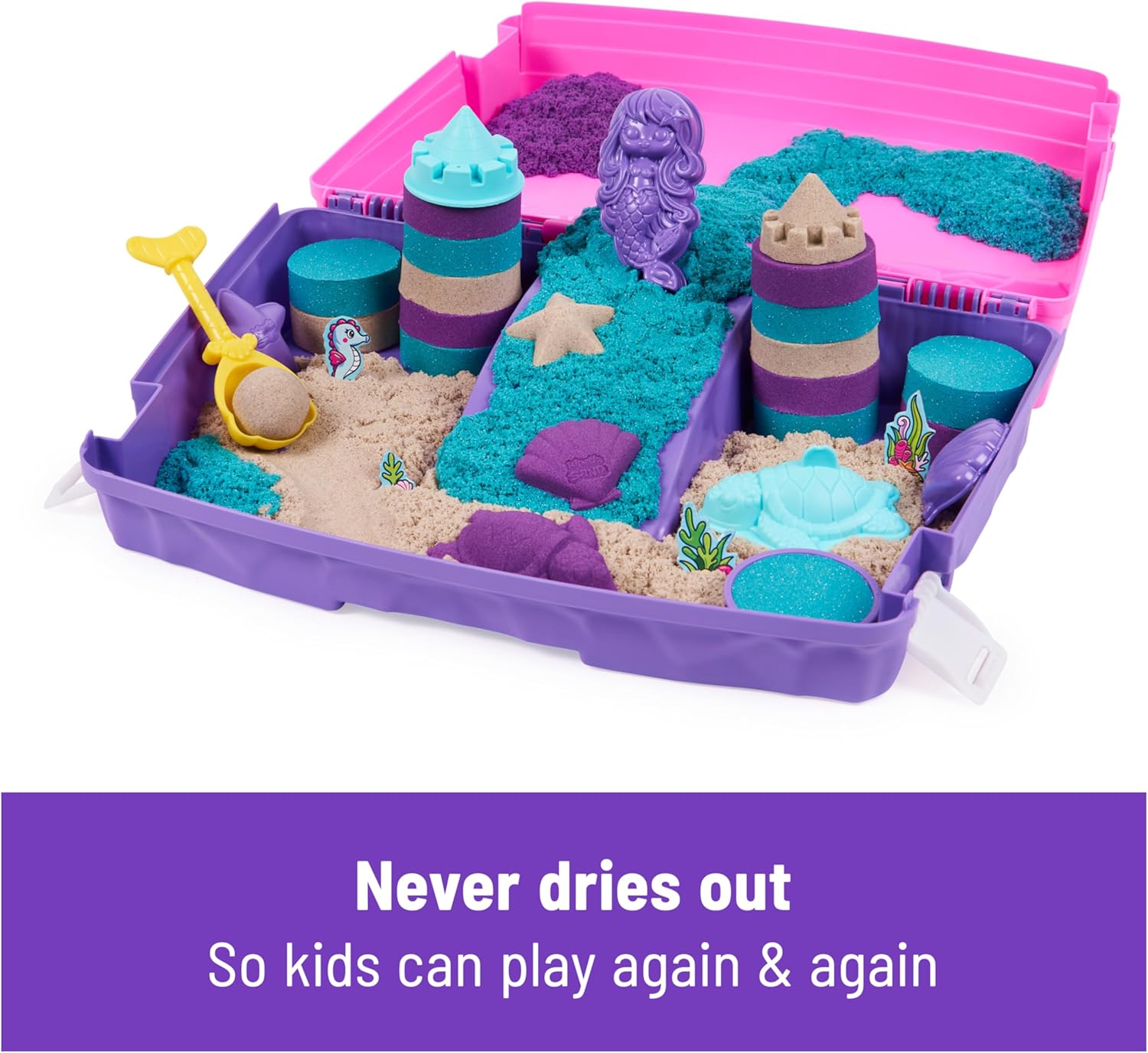 Kinetic Sand, Mermaid Palace Playset with 934g Play Sand (Neon Purple, Shimmer Teal & Beach), Tools & Folding Sandbox