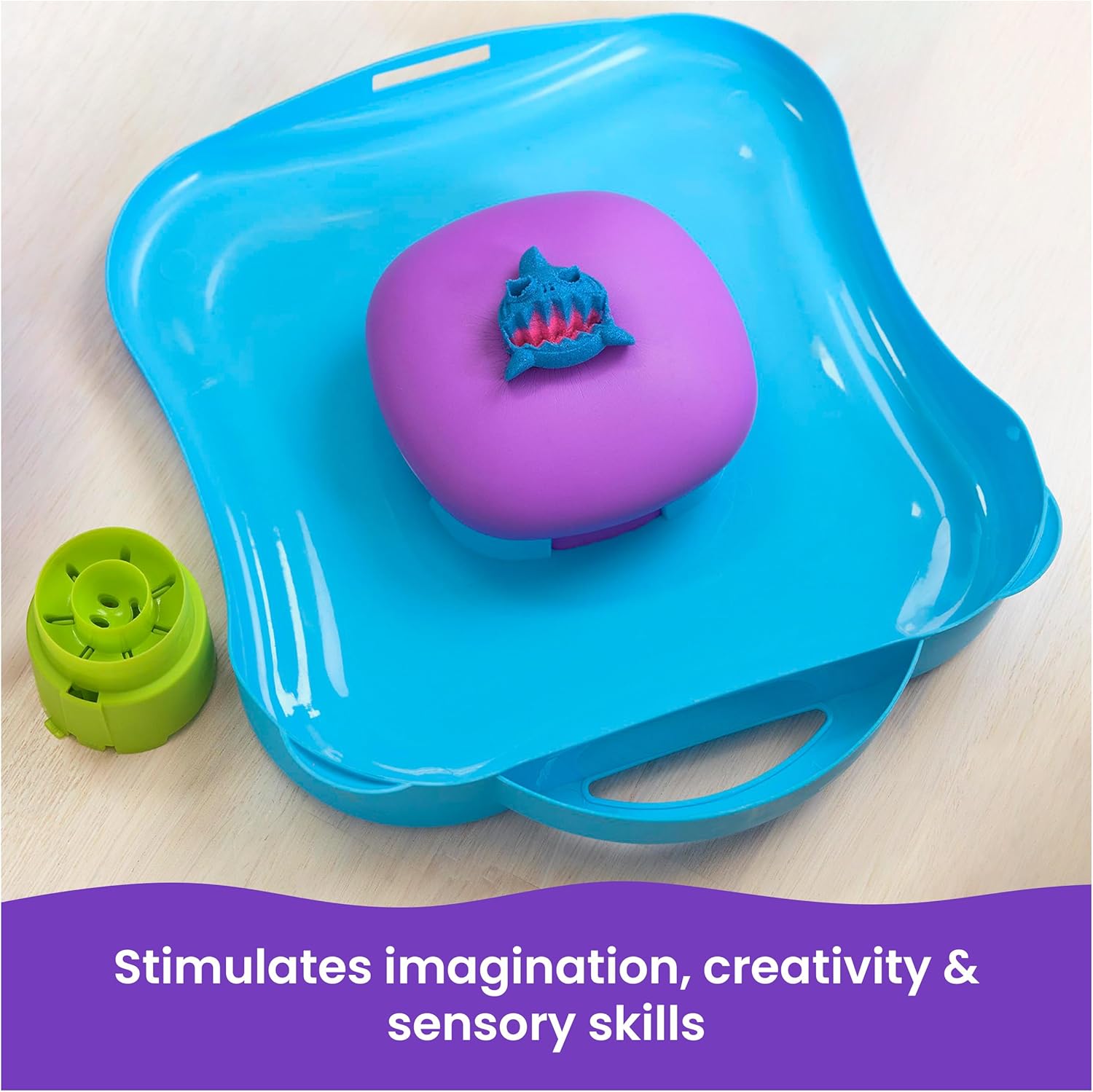 Kinetic Sand, SquishMotion with 454g Pink, Yellow & Blue Play Sand, Stamper & 5 Tools, Storage Case