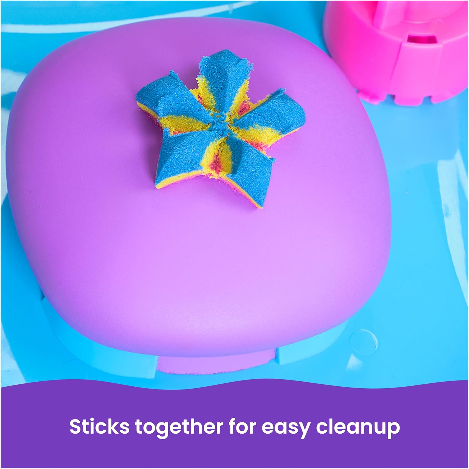 Kinetic Sand, SquishMotion with 454g Pink, Yellow & Blue Play Sand, Stamper & 5 Tools, Storage Case
