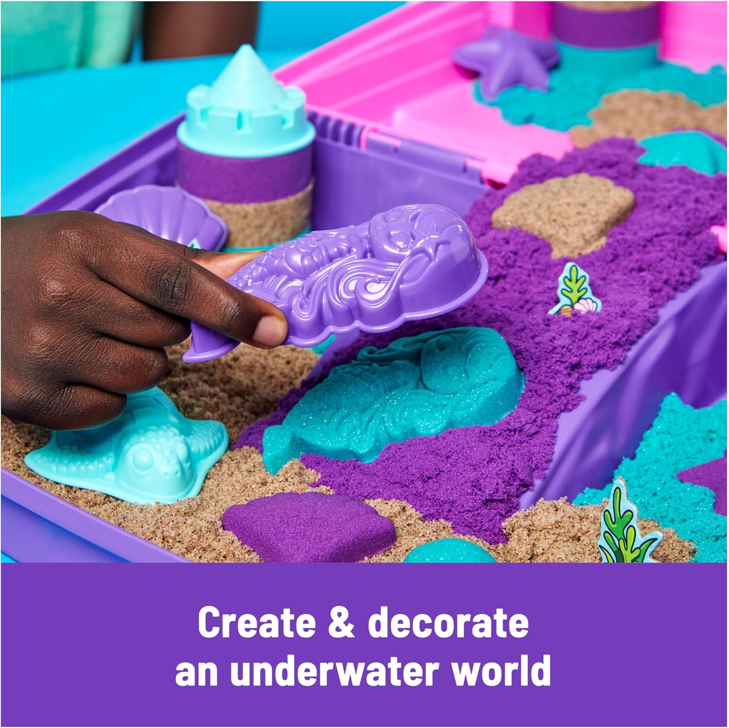Kinetic Sand, Mermaid Palace Playset with 934g Play Sand (Neon Purple, Shimmer Teal & Beach), Tools & Folding Sandbox