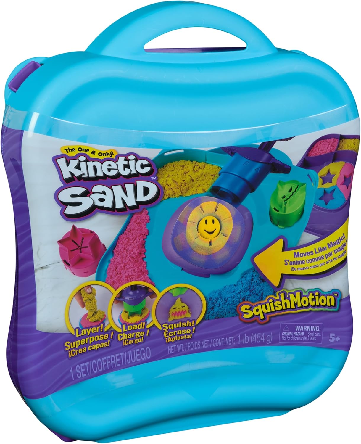 Kinetic Sand, SquishMotion with 454g Pink, Yellow & Blue Play Sand, Stamper & 5 Tools, Storage Case