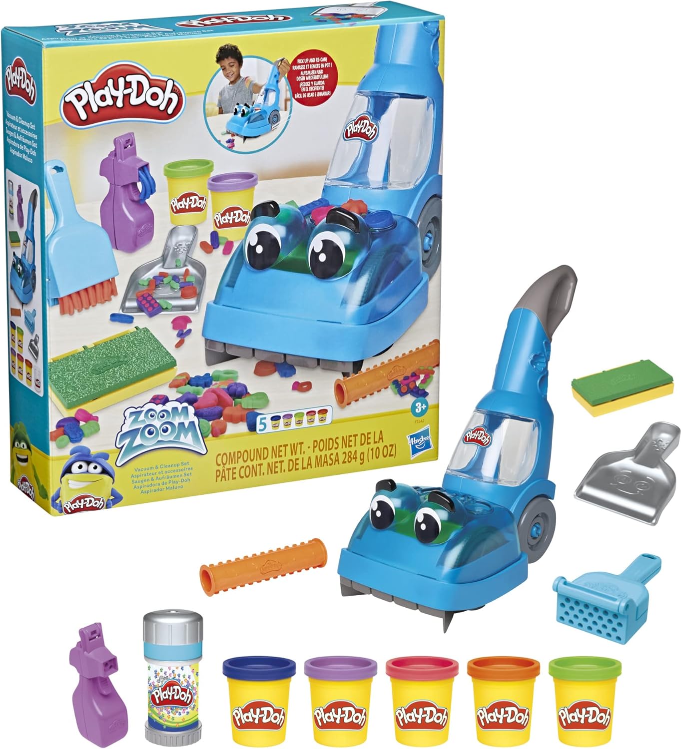 Play-Doh Zoom Zoom Vacuum Cleaner Toy | Kids Cleaning & Arts Set with 6 Accessories and 5 Play-Doh Colors | Ages 3+