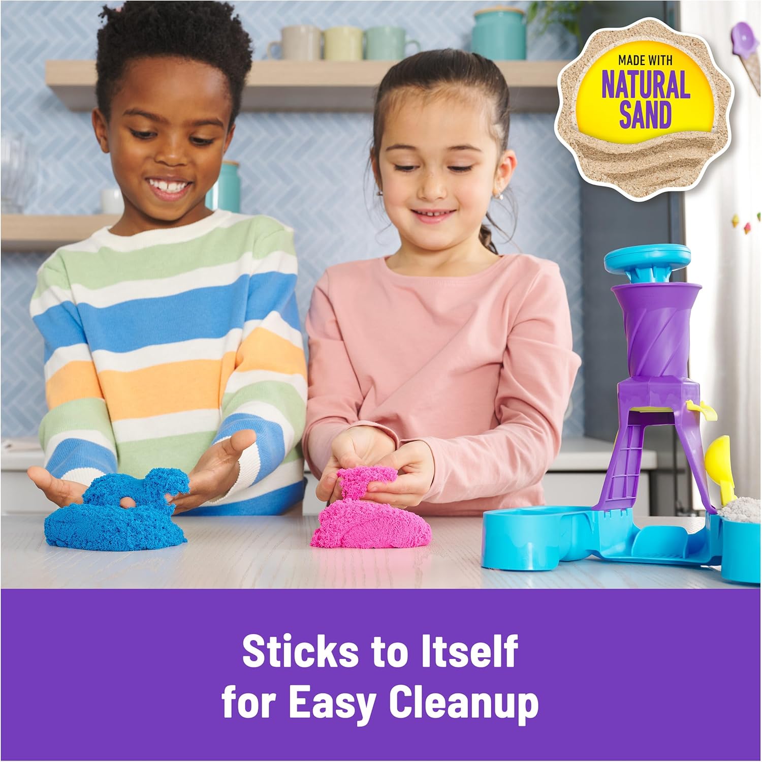 Kinetic Sand, Soft Serve Station with 396 g Play Sand (Blue, Pink & White), 2 Ice Cream Cones & 2 Tools