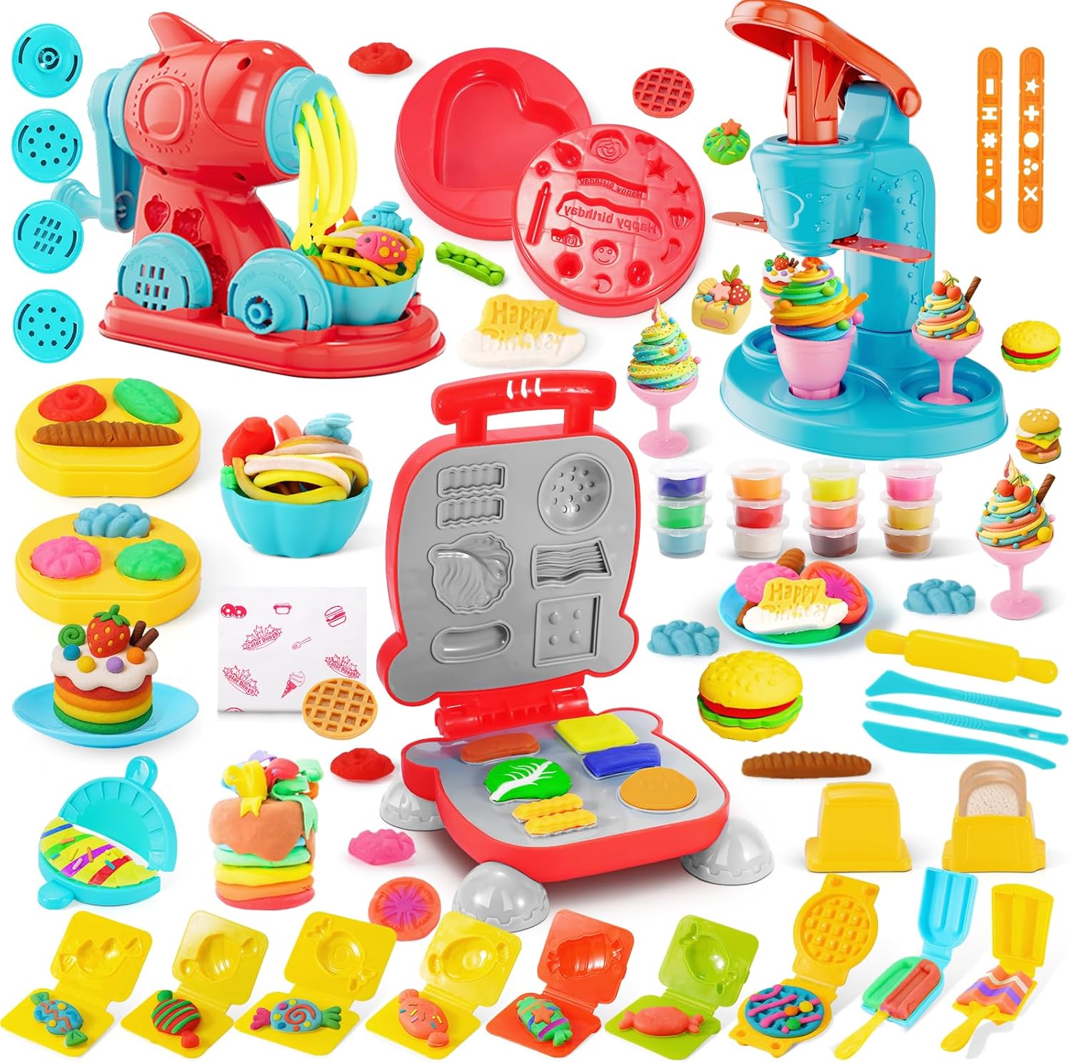 3-in-1 Color Playdough Set for Kids | Ice Cream, Hamburger & Noodle Maker Toy | 12-Color Dough Arts & Crafts Kit for Ages 3–12