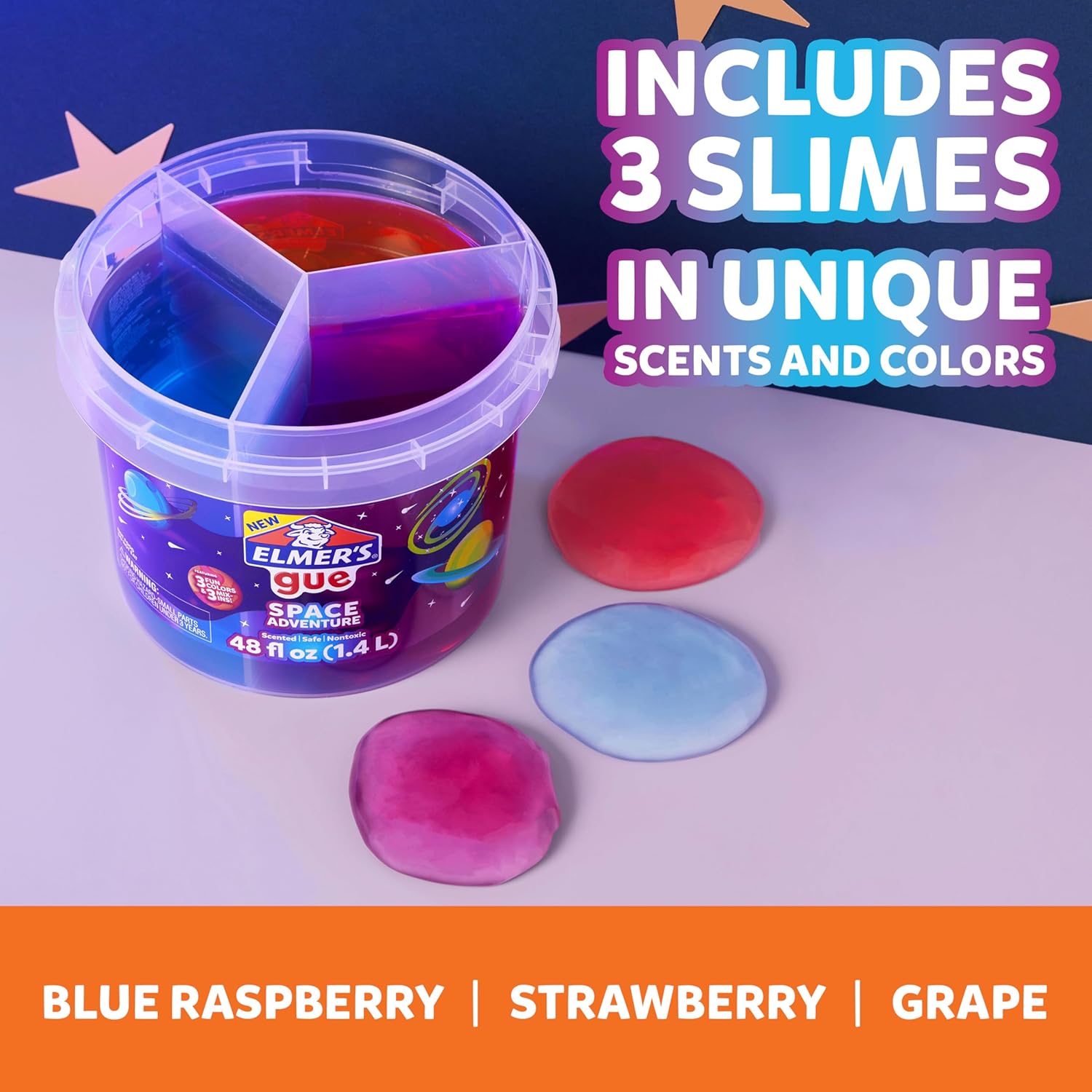 Elmer’s Gue Space Adventure Slime Bucket 1.36 kg Blue Raspberry, Strawberry & Grape Scents Non-Toxic Sensory Play Kit for Kids