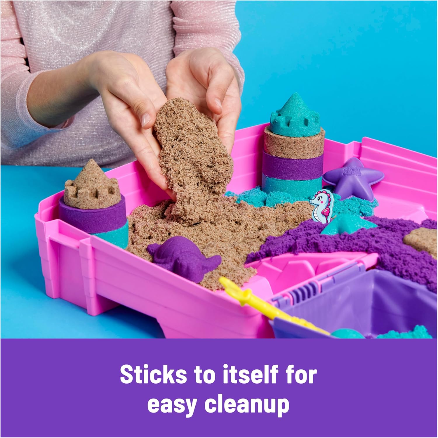 Kinetic Sand, Mermaid Palace Playset with 934g Play Sand (Neon Purple, Shimmer Teal & Beach), Tools & Folding Sandbox