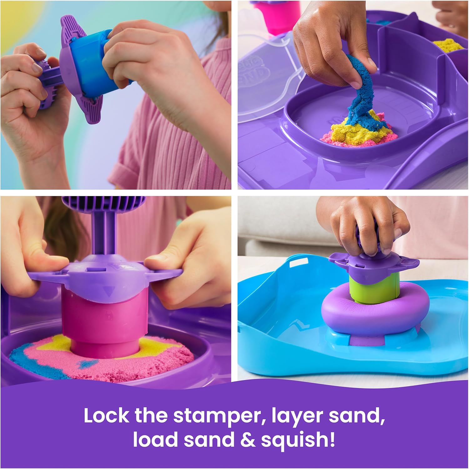 Kinetic Sand, SquishMotion with 454g Pink, Yellow & Blue Play Sand, Stamper & 5 Tools, Storage Case