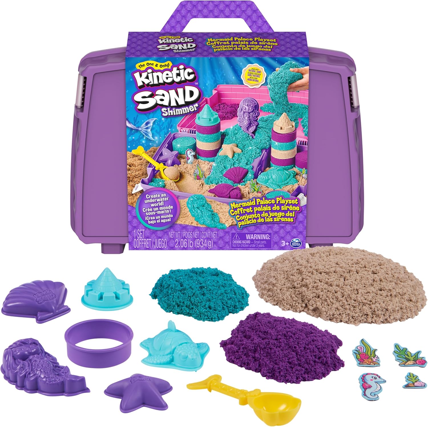 Kinetic Sand, Mermaid Palace Playset with 934g Play Sand (Neon Purple, Shimmer Teal & Beach), Tools & Folding Sandbox