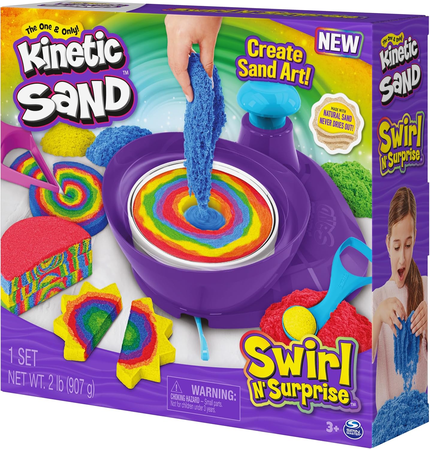 Kinetic Sand, coffret de jeu Swirl N' Surprise avec 907 g de sable de jeu, comprenant rouge, bleu, vert, jaune et 4 outils