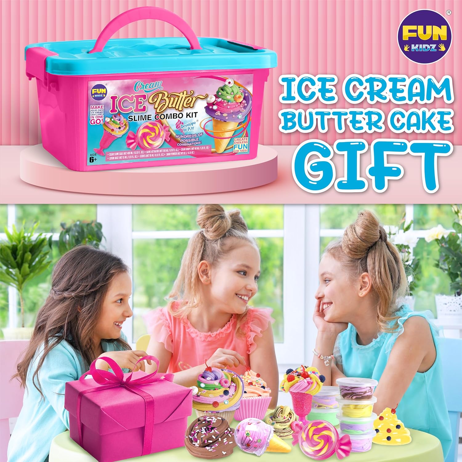 FunKidz Ice Cream Butter Slime Kit | DIY Soft Slime Set for Girls Ages 8–12 | Over 100 Style Combos | Vanilla, Orange & Chocolate Scents | Ideal Gift or Party Activity