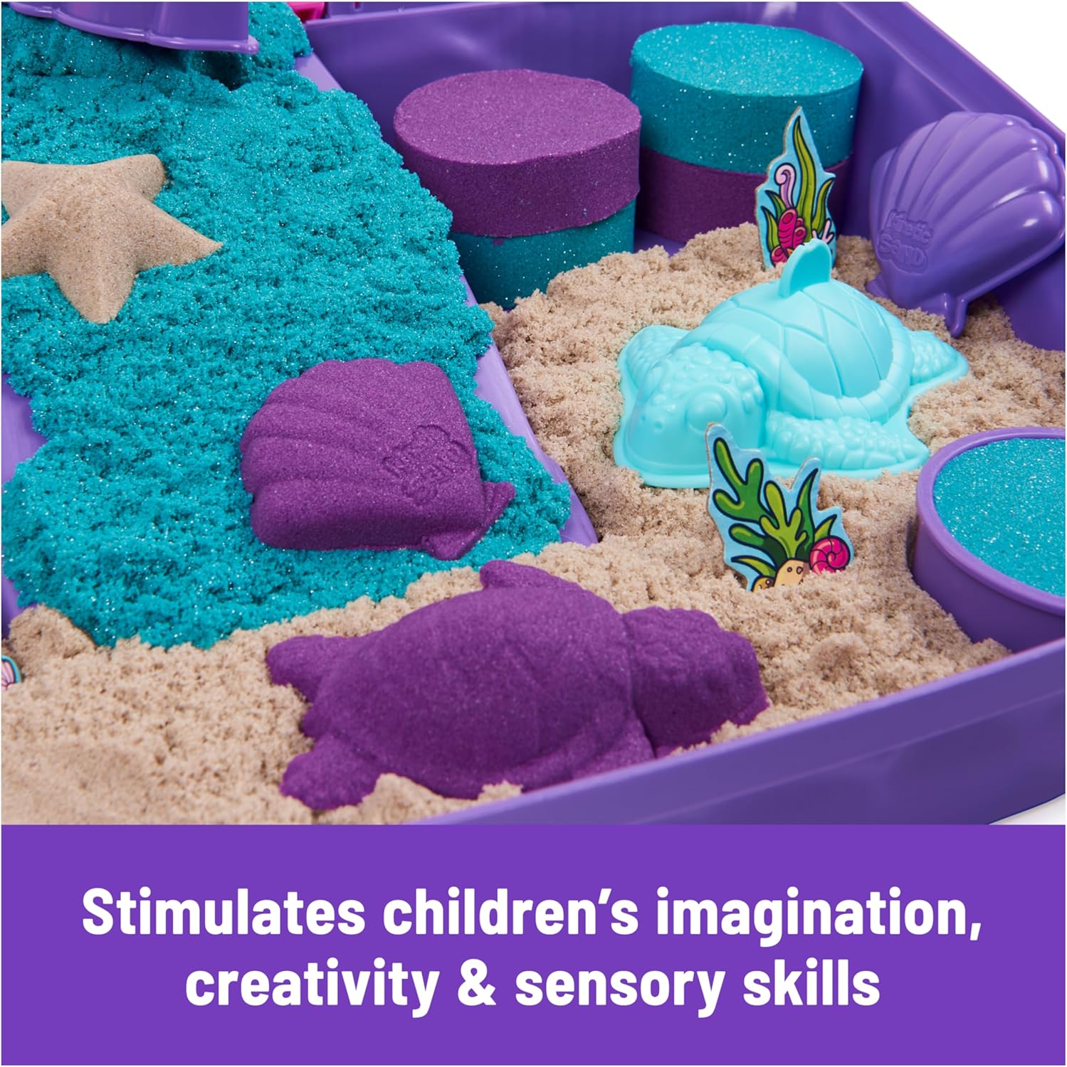 Kinetic Sand, Mermaid Palace Playset with 934g Play Sand (Neon Purple, Shimmer Teal & Beach), Tools & Folding Sandbox