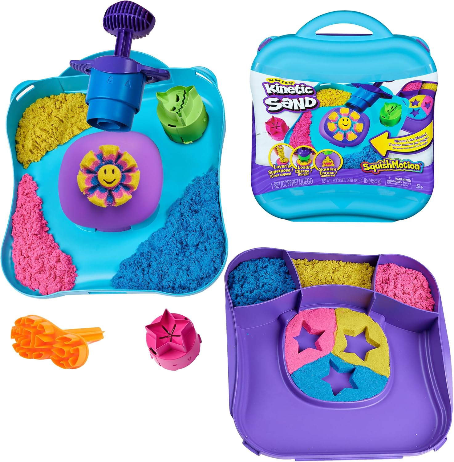 Kinetic Sand, SquishMotion with 454g Pink, Yellow & Blue Play Sand, Stamper & 5 Tools, Storage Case