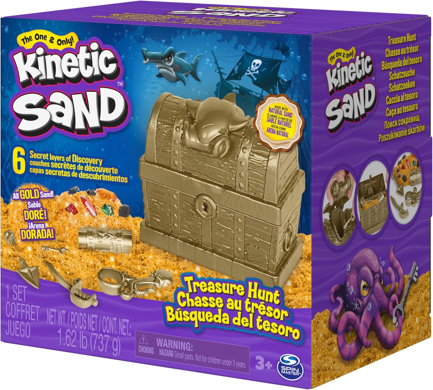 Kinetic Sand, Treasure Hunt with 14 Surprise Reveals & 737 g rare Shimmer Gold Play Sand