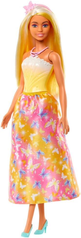 Barbie Royal Doll with Brightly Highlighted Fantasy Hair, Colorful Accessories, Yellow Ombre Bodice & Butterfly-Print Skirt