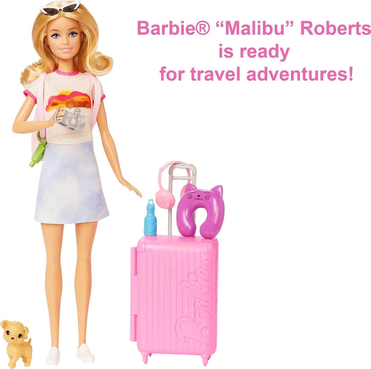 Barbie Doll & Accessories, Travel Set with Puppy and 10+ Pieces
