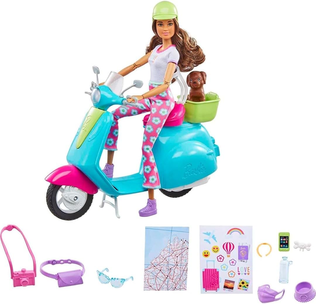 Barbie Fashionistas Doll & Scooter Travel Playset | With Puppy & Accessories | Ages 3–7