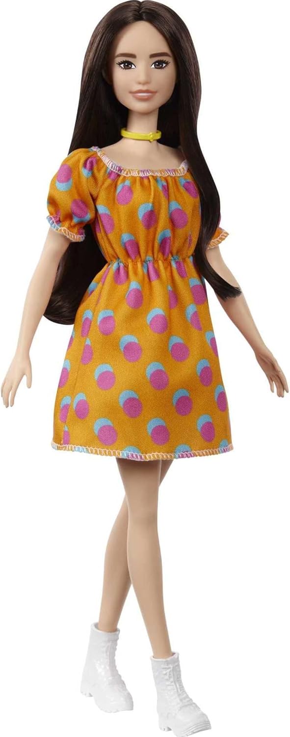 Barbie Fashionistas Doll with Long Brunette Hair Wearing Patterned Orange Dress, White Shoes & Yellow Choker