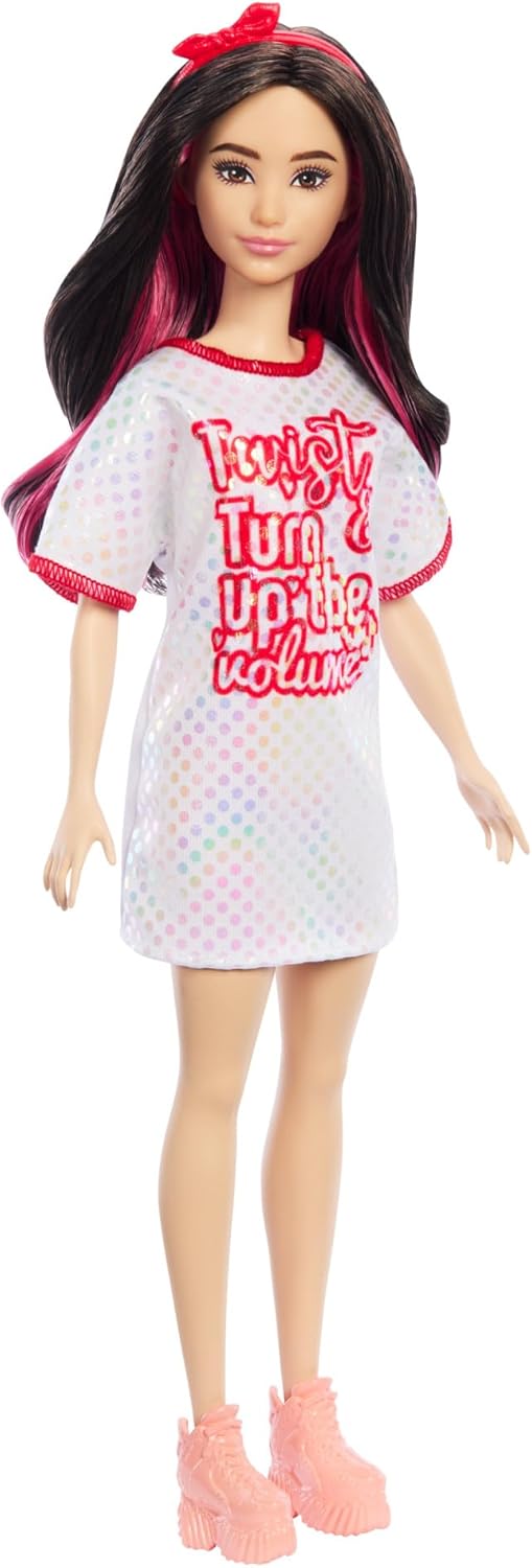 Barbie Fashionistas Doll in a White T-shirt Dress with Shimmering Polka Dots
