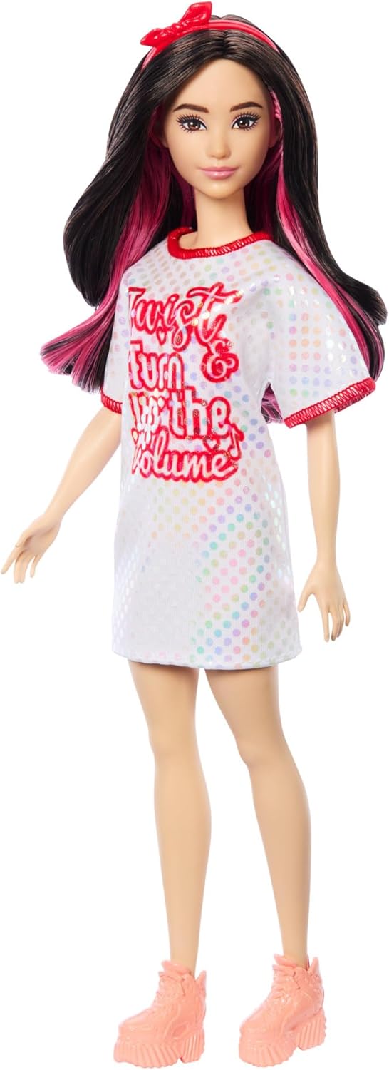 Barbie Fashionistas Doll in a White T-shirt Dress with Shimmering Polka Dots