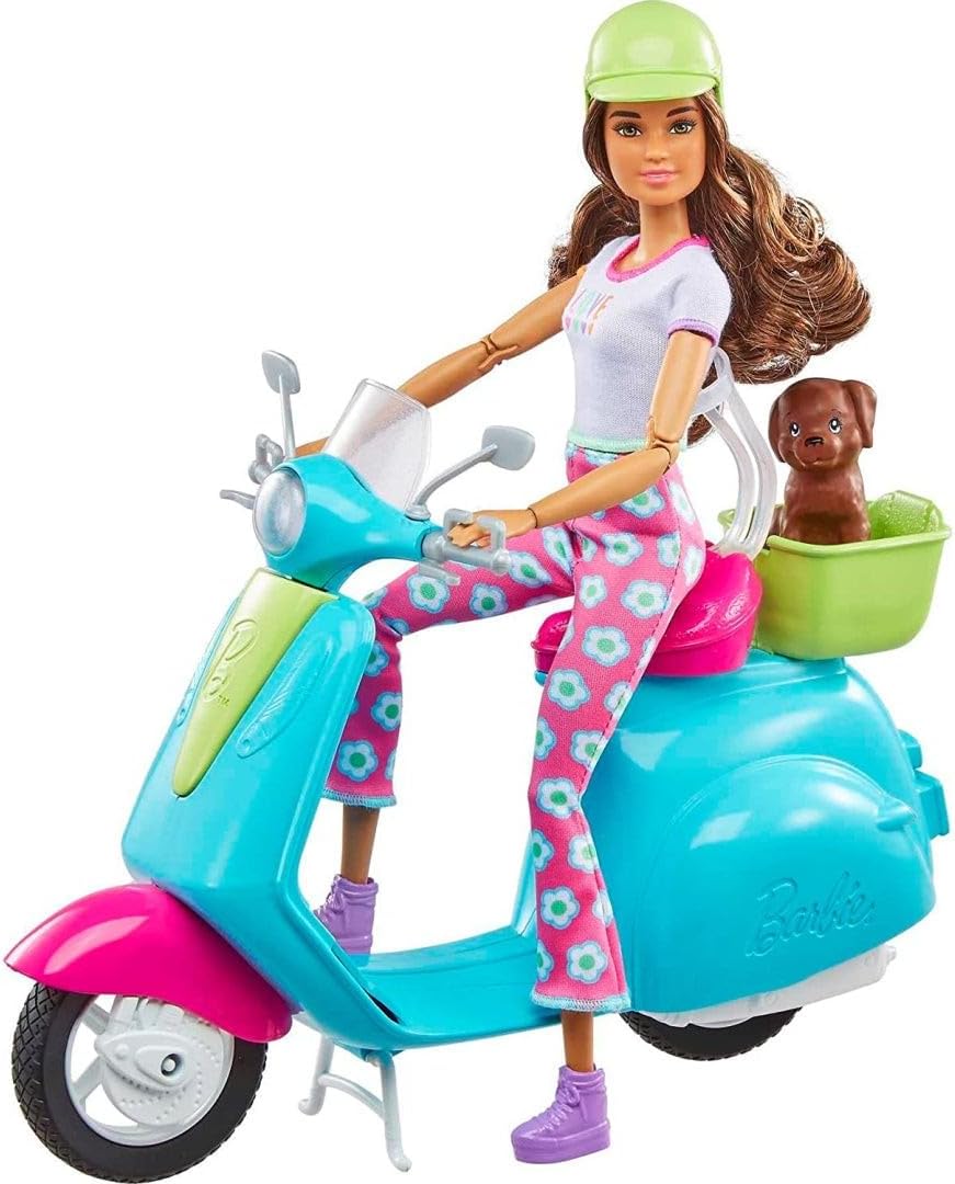 Barbie Fashionistas Doll & Scooter Travel Playset | With Puppy & Accessories | Ages 3–7