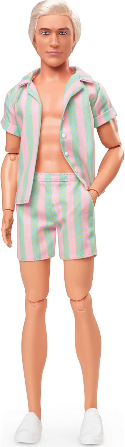 Barbie The Movie Ken Doll in a Pastel Pink and Mint Green Striped Beach Set