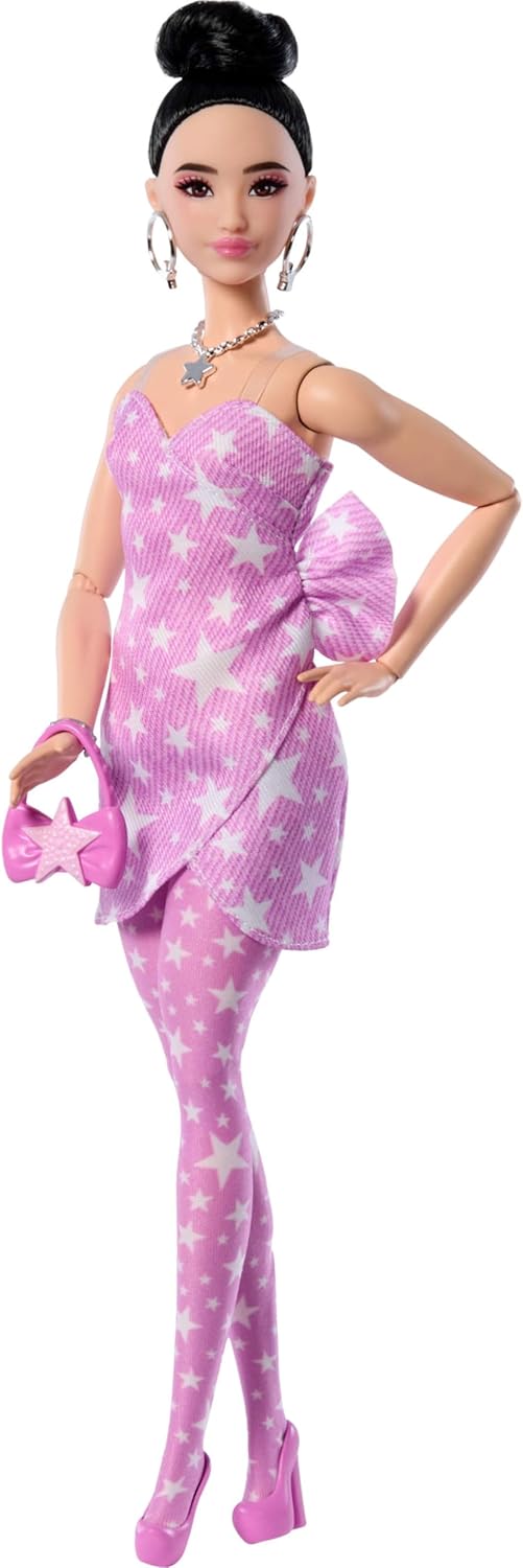 Barbie Deluxe Style Doll in Pink Denim Star-Print Dress with Matching Tights