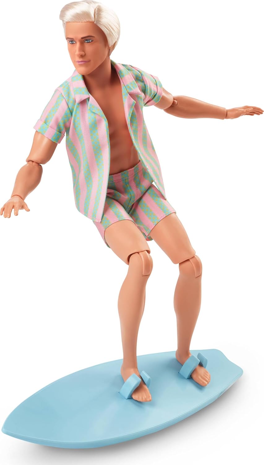 Barbie The Movie Ken Doll in a Pastel Pink and Mint Green Striped Beach Set