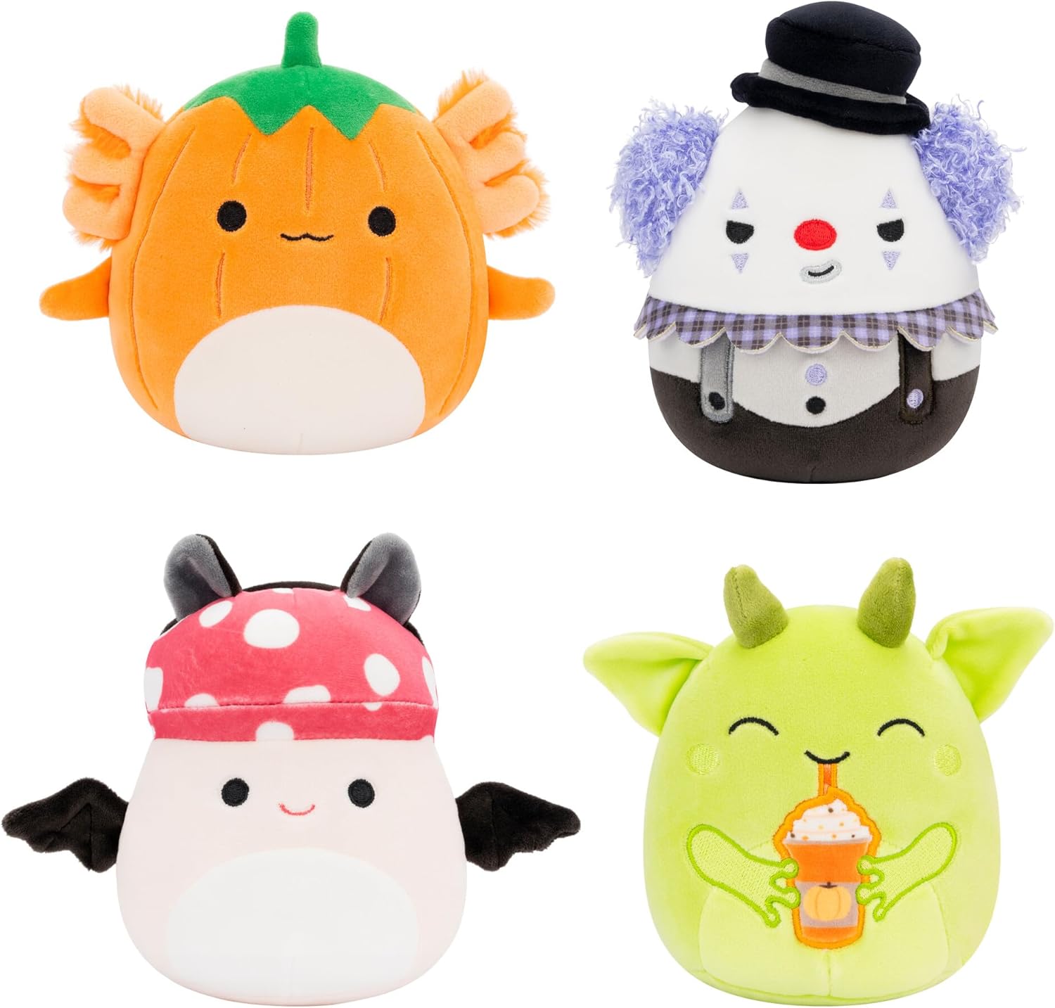 Squishmallows Micromallows Halloween 4-Pack – Gabin Pumpkin Axolotl, Fitzy Goblin Holding Latte, Malcolm Bat Mushroom, Ms. K Purple Clown