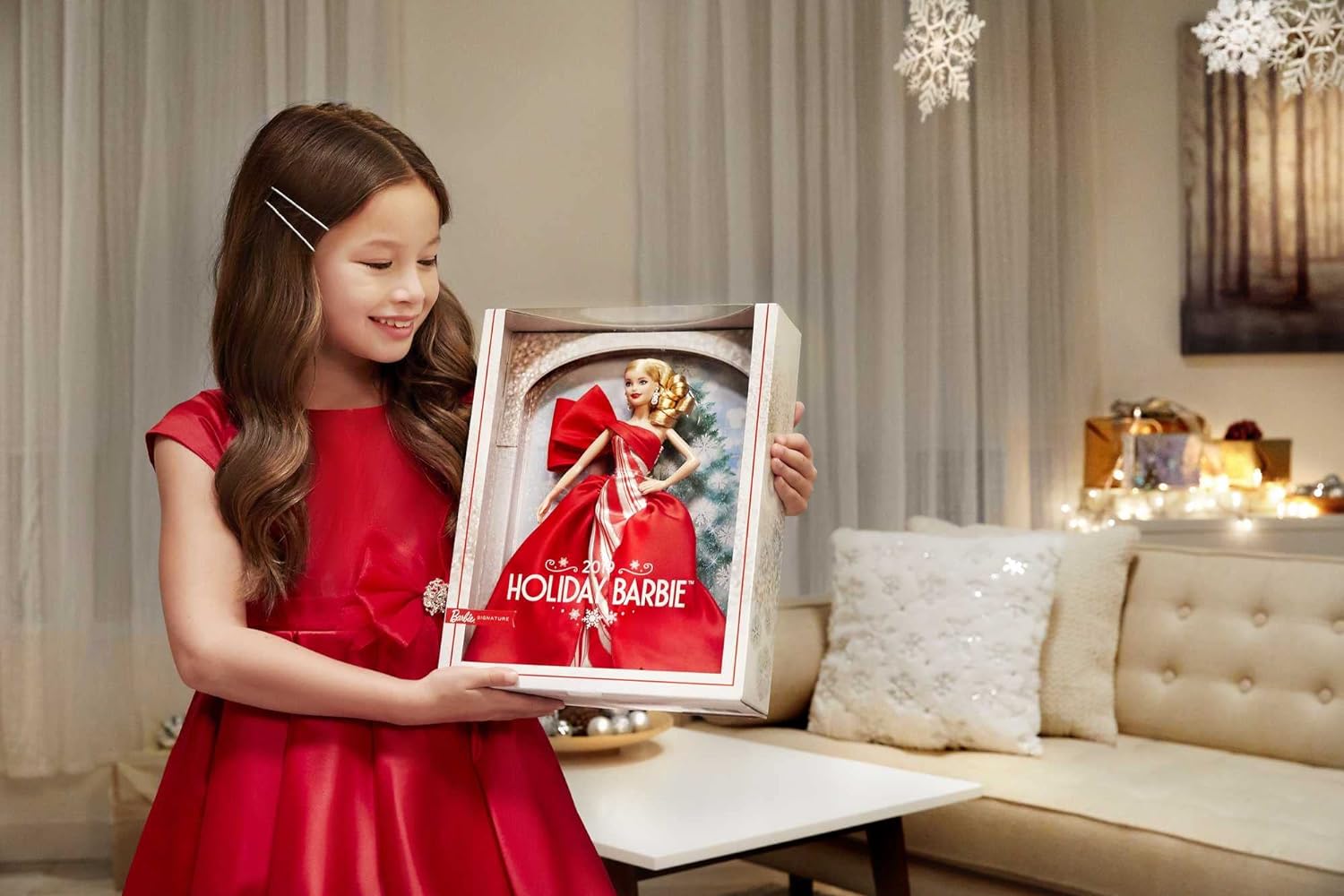 Barbie Signature – 2019 Holiday Barbie Doll in Stunning Red and White Grown with a Festive Holyday Print and Silvery Sparkle Details