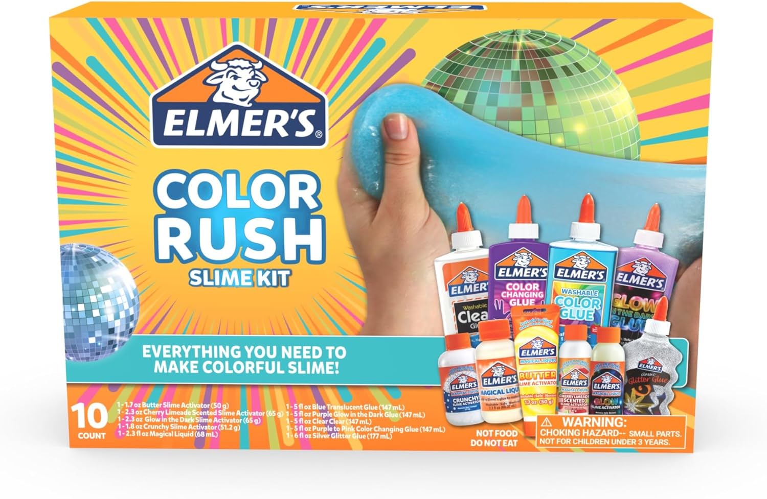Elmer’s Color Rush 10-Piece Slime Kit | Mix, Match & Create Color-Changing, Glow, Crunchy & Butter Slimes | Non-Toxic | Ages 6+