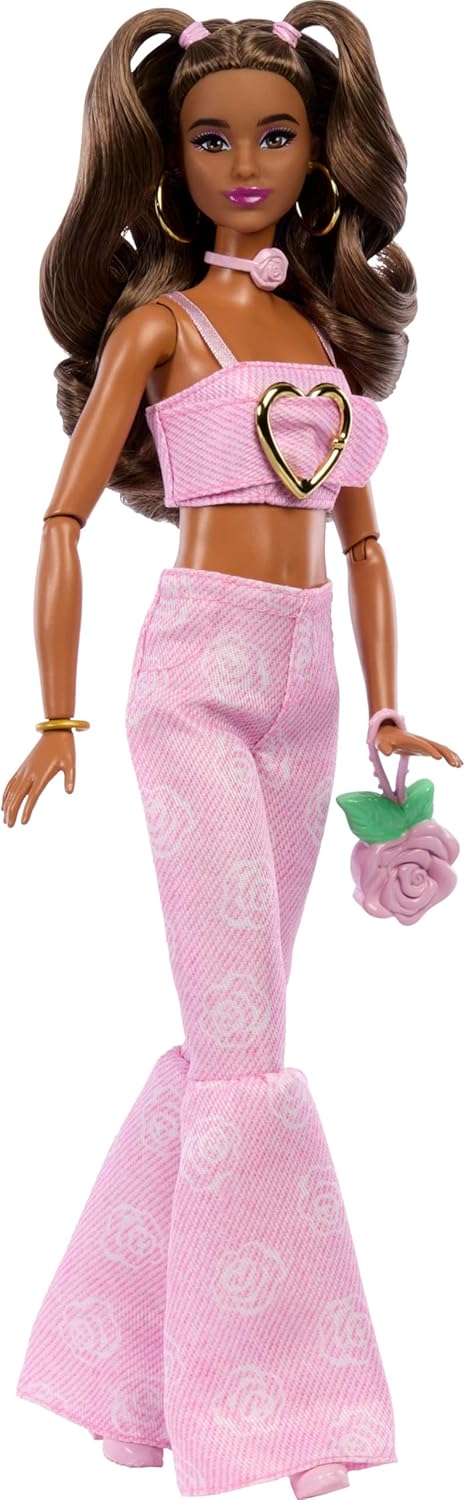 Barbie Deluxe Style Doll in a Pink Denim Crop Top Paired with Rose-Print Flare Jeans