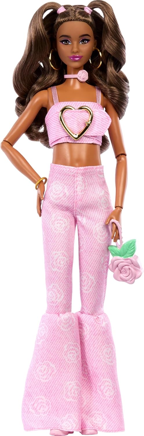 Barbie Deluxe Style Doll in a Pink Denim Crop Top Paired with Rose-Print Flare Jeans