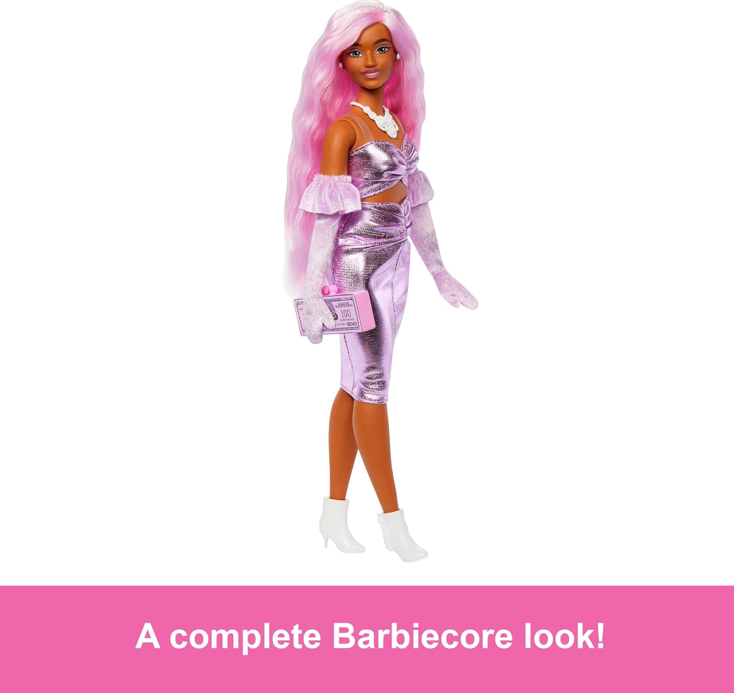 Barbie Deluxe Style Doll in a Glossy Pink Midi Dress
