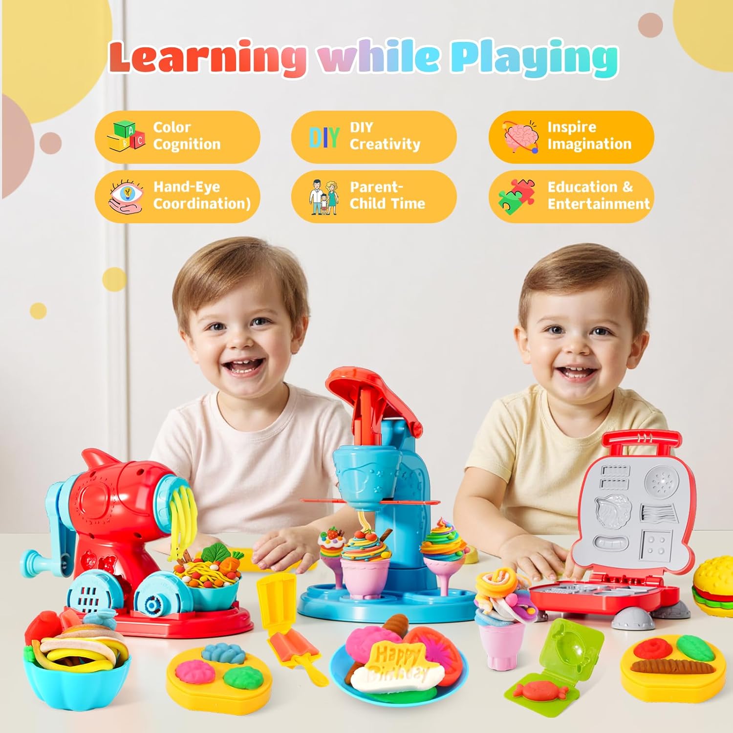 3-in-1-Farbspielknete-Set für Kinder | Eiscreme-, Hamburger- und Nudelmaschine-Spielzeug | 12-Farben-Teig-Kunst- und Bastelset für Kinder im Alter von 3–12 Jahren