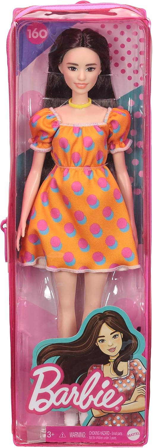 Barbie Fashionistas Doll with Long Brunette Hair Wearing Patterned Orange Dress, White Shoes & Yellow Choker