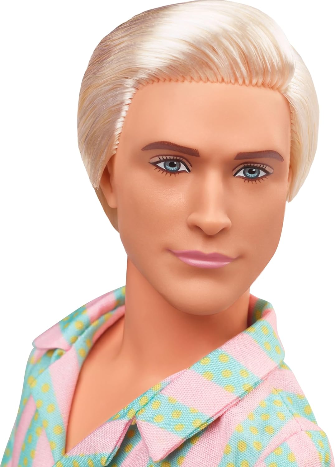 Barbie The Movie Ken Doll in a Pastel Pink and Mint Green Striped Beach Set