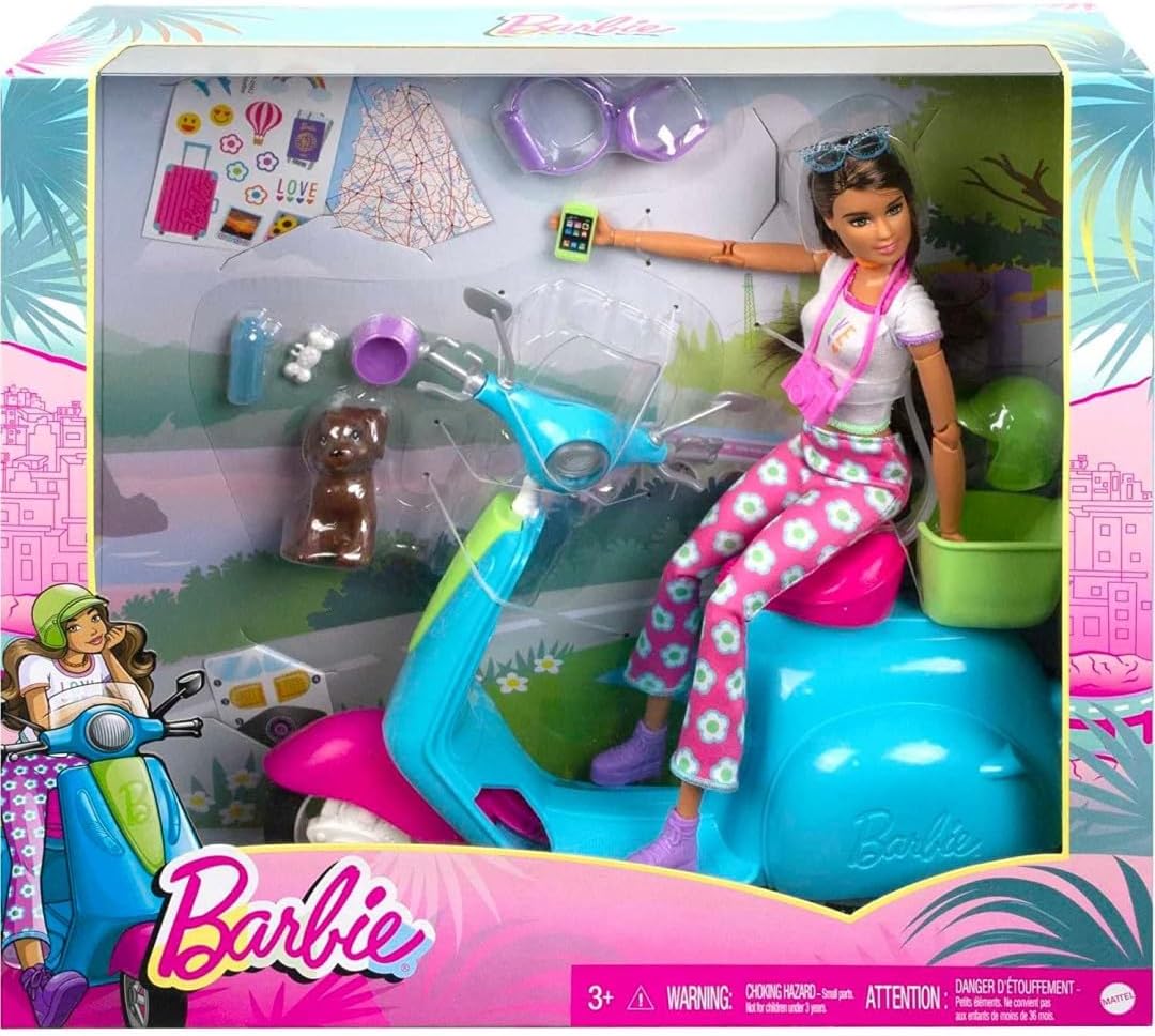 Barbie Fashionistas Doll & Scooter Travel Playset | With Puppy & Accessories | Ages 3–7