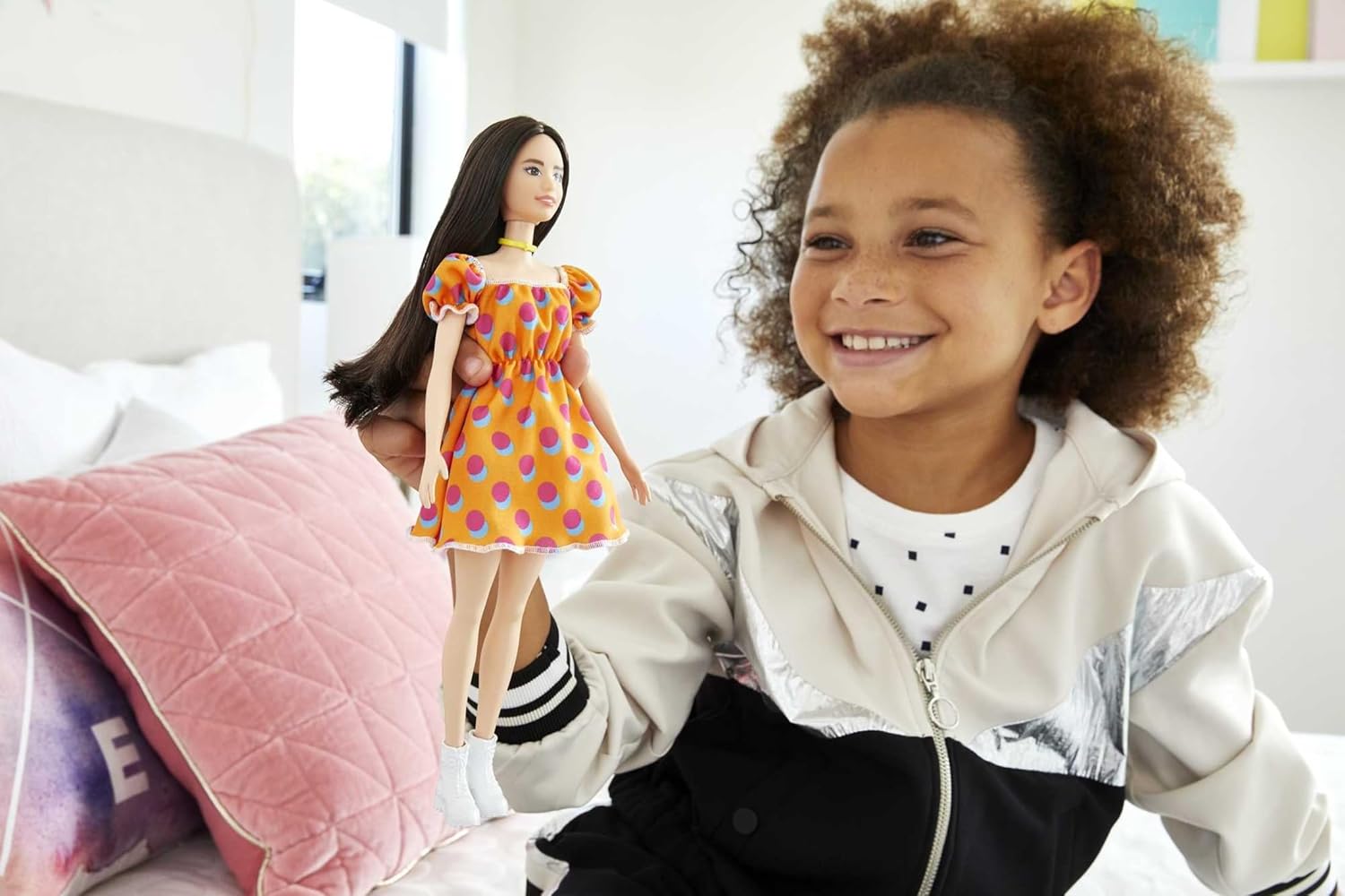 Barbie Fashionistas Doll with Long Brunette Hair Wearing Patterned Orange Dress, White Shoes & Yellow Choker