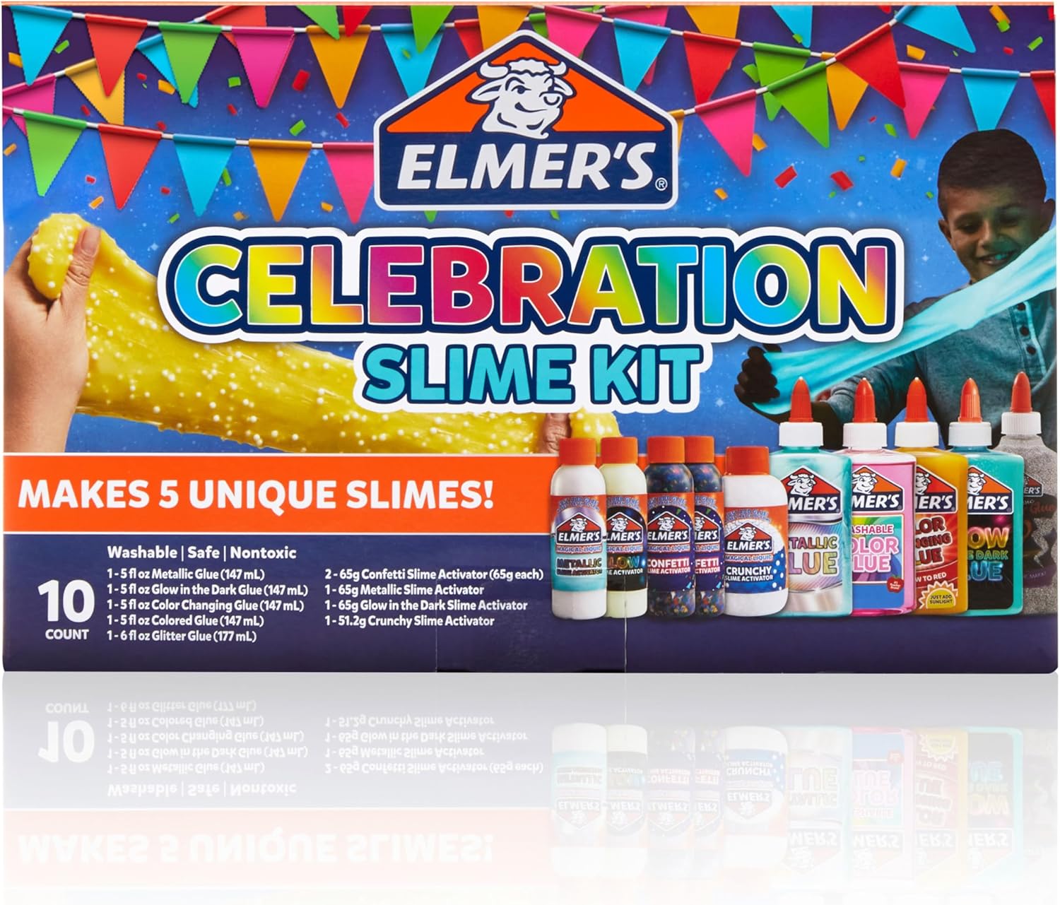 Elmer’s Celebration Slime Kit | 10-Piece Complete Set | Metallic, Glow, Glitter, Color-Changing & Crunchy Effects | Safe, Washable, Non-Toxic | Ages 6+