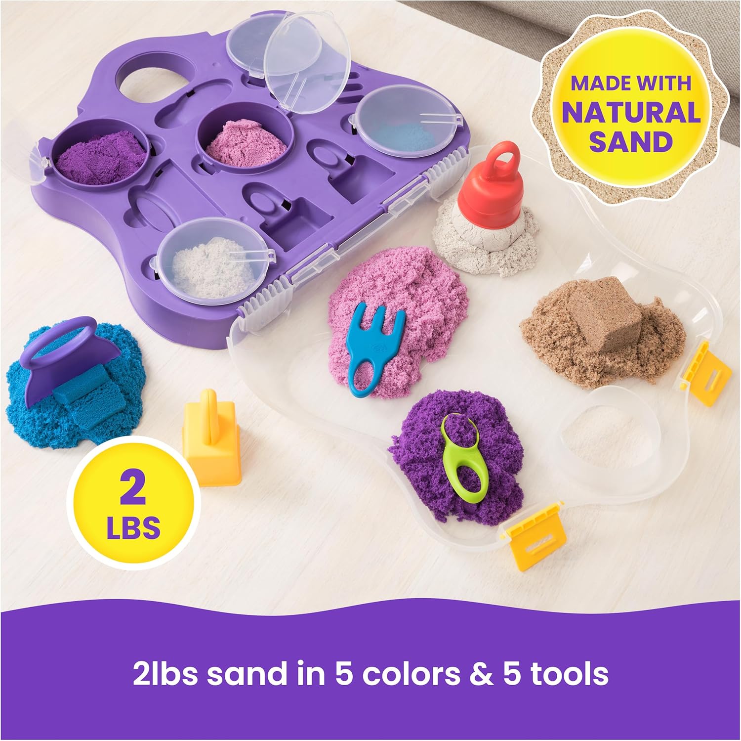 Kinetic Sand, Variety Case with 907g Play Sand (Beach, Neon & Shimmer) & 5 Tools, Reusable Storage