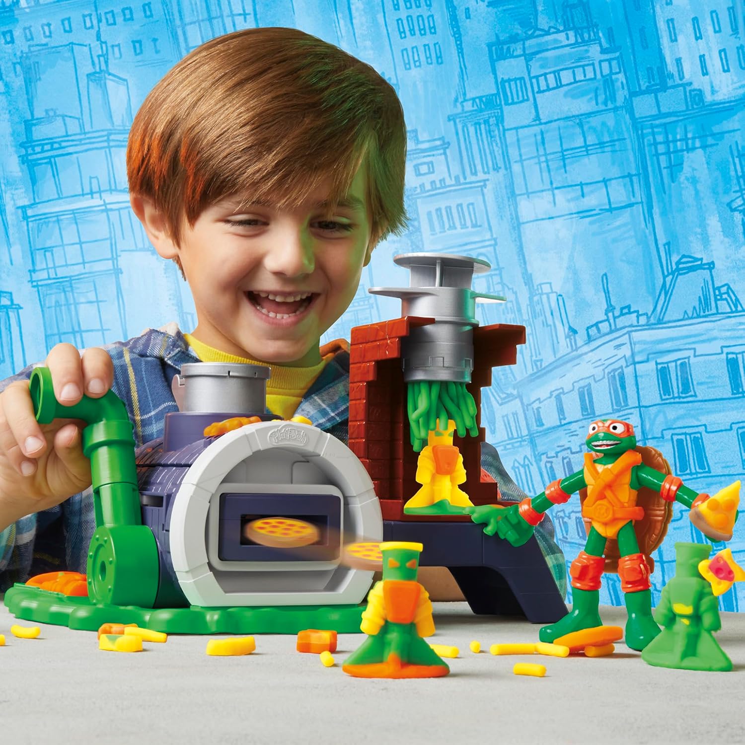Play-Doh Teenage Mutant Ninja Turtles Slice & Blast Pizza-Spielset | Bendy Michelangelo Figur & Pizza Blaster | Spielzeug für Kinder ab 4 Jahren