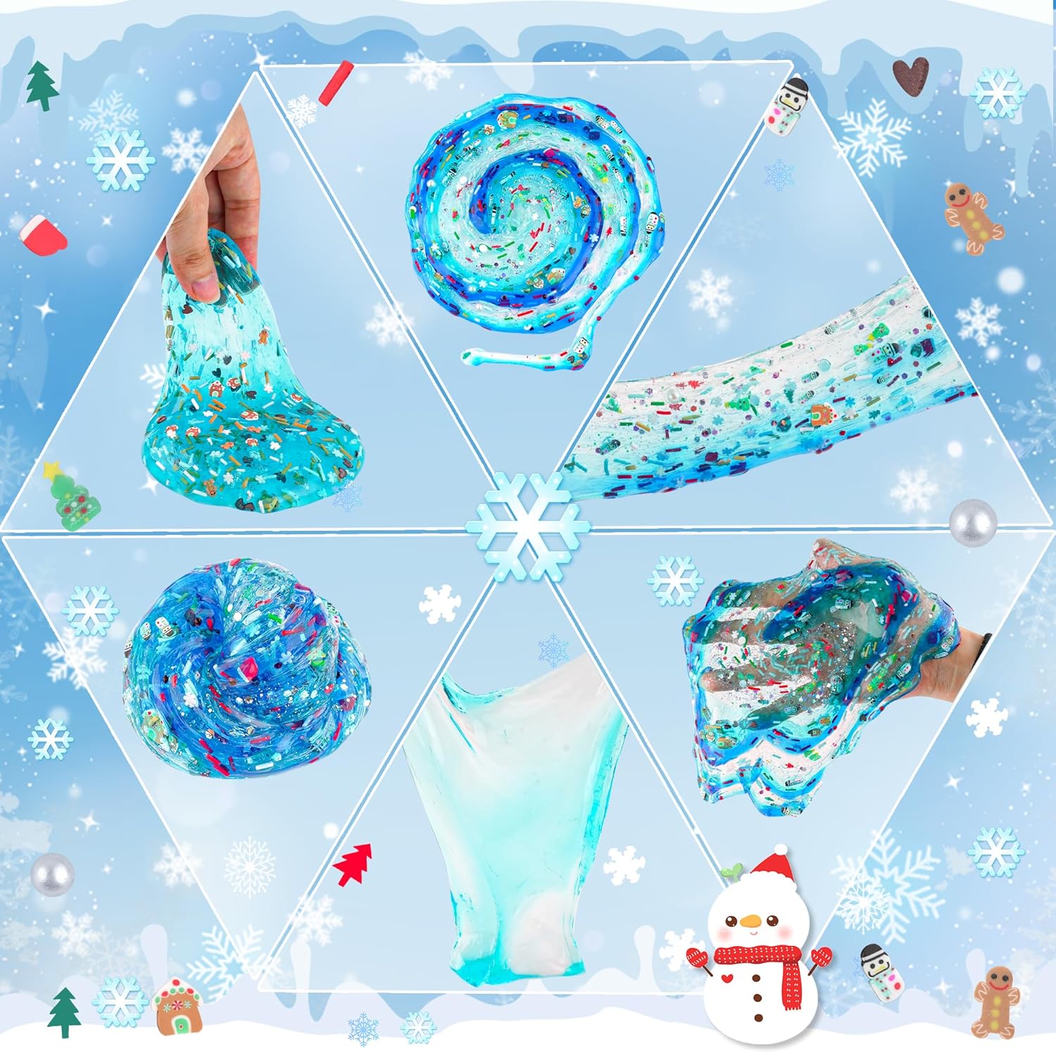 6-Pack Snowman Slime & Clay Christmas Craft Kit | DIY Build-a-Snowman Set | 6 Clear Crystal Slimes & 40 Accessories | Ages 4+